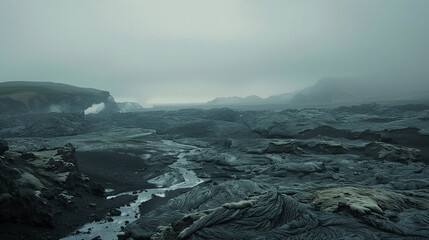 Paisaje volcánico, roca desnuda y niebla densa
