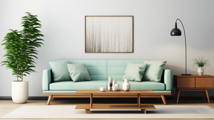 Stylish interior design living room  modern mint sofa wooden consol, cube, coffee table lamp