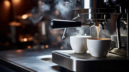 stainless steel coffee machine hums with life as steam billows from its spout