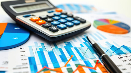 Business finance, tax, accounting, statistics analytic research concept office calculator, bar graph pie diagram pen  financial reports  clipboard isolated  white background
