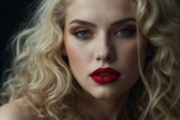 Woman with Blonde Hair and Red Lipstick: Ivory Makeup and Seductive Facial Features