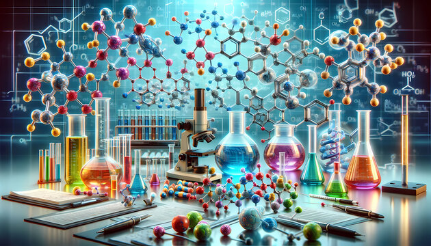 An image that vividly illustrates the field of pharmaceutical chemistry, showcasing vibrant molecular structures alongside detailed laboratory tools