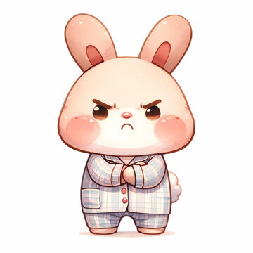 A clipart-style, watercolor illustration from Korea, depicting a bad mood chubby bunny wearing pajamas. The bunny has furrowed eyebrows, crossed arms