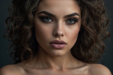Beautiful Woman with Dark Hair: Perfect Makeup and Seductive Facial Features - obrazy, fototapety, plakaty