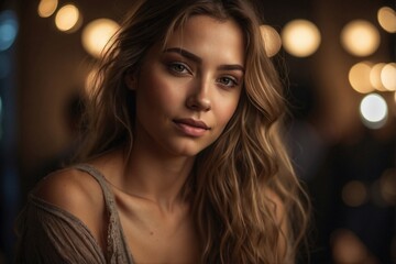 Large Portrait of a Young Beautiful Woman at a Party Atmosphere with a Subtle Smile