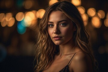 Fototapeta premium Large Portrait of a Young Beautiful Woman at a Party Atmosphere with a Subtle Smile