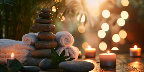 Massage Stones With Towels And Candles blurred Background Spa Concept