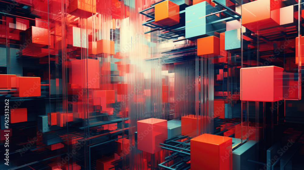 Poster a room full of red and blue cubes. the cubes are arranged in a way that creates a sense of depth and