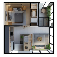 top view interior design concept for single-floor simplex condo - obrazy, fototapety, plakaty