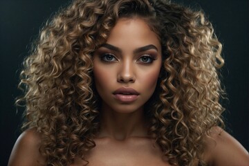 Beautiful African American Woman with Curly Hair: Perfect Makeup and Seductive Facial Features - obrazy, fototapety, plakaty