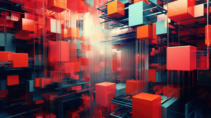 A room full of red and blue cubes. The cubes are arranged in a way that creates a sense of depth and movement. The room appears to be a futuristic space
