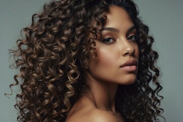 Beautiful African American Woman with Curly Hair: Perfect Makeup and Seductive Facial Features
