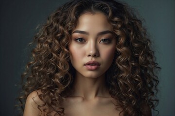 Beautiful Asian Woman with Wavy Hair: Perfect Makeup and Seductive Facial Features - obrazy, fototapety, plakaty