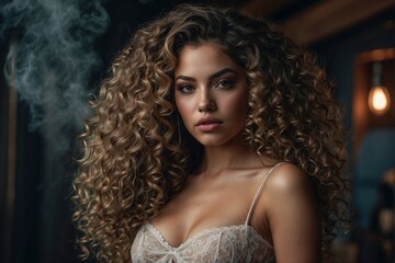 Beautiful Latina Woman with Curly Hair: Perfect Makeup and Seductive Facial Features - obrazy, fototapety, plakaty