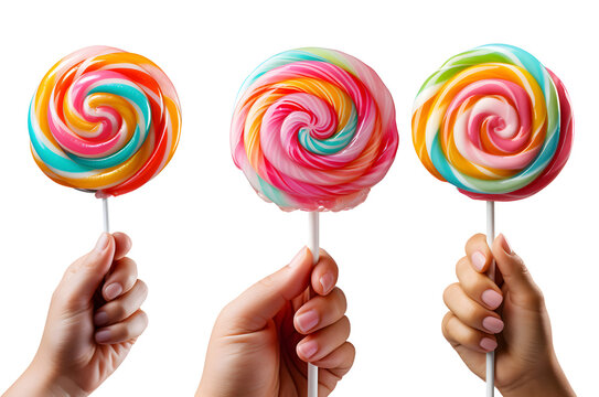 child little hand holding colorful lollipop