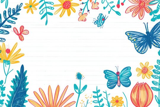 Back to School Background. Notebook Page with Spring Flowers Frame Template for Cards, Notes, Labels, and Paper Sheet Illustrations.