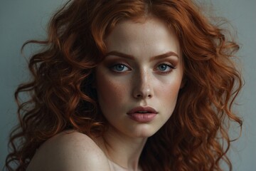 Naklejka premium Beautiful Woman with Red Hair: Perfect Makeup and Seductive Facial Features