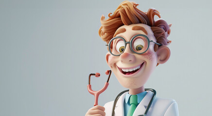 Cheerful 3D cartoon doctor with otoscope vibrant colors - obrazy, fototapety, plakaty