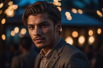 Obraz premium Large Portrait of a Young Beautiful man at a Party Atmosphere with a Subtle Smile