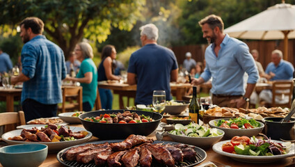 Table laden with BBQ meats, salads, and wine, with happy guests in the background.