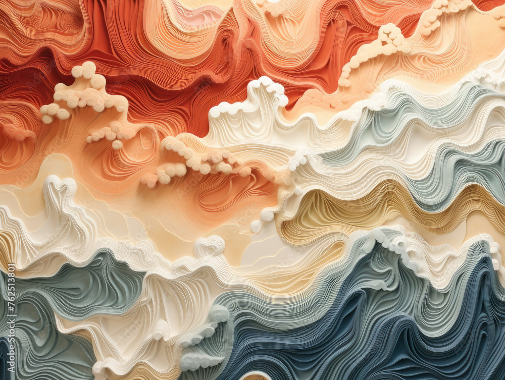 Poster the image is a colorful abstract piece of art that features a wave with a red and orange sky in the 