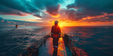 oil rig worker, on platform at sunset