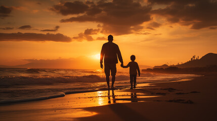 man and his son with sunset background walking on beach
