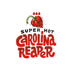 Spicy red chili pepper. Carolina Reaper. Text hand draw sketch style lettering. Flames sharp taste scale. Vector file