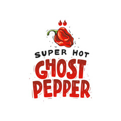 Spicy red chili pepper. Ghost Pepper. Text hand draw sketch style lettering. Flames sharp taste scale. Vector file