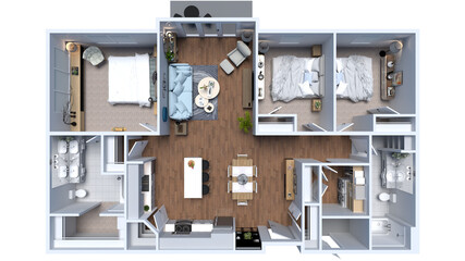 3 bed room house with 3d floor plan rendering.