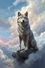 Grey Wolf Sitting on Top of Cloudy Sky, Long Wavy Fur, Softly Whirling Magical Energy