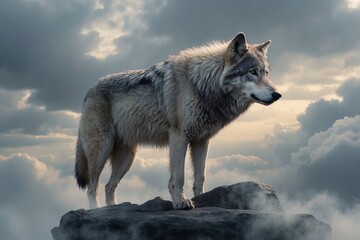 Grey Wolf Sitting on Top of Cloudy Sky, Long Wavy Fur, Softly Whirling Magical Energy