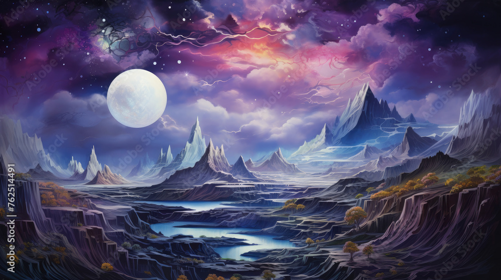 Wall mural A painting of a moonlit landscape with mountains and a river. The sky is filled with stars and the moon is large and bright. The mood of the painting is serene and peaceful, with the moon - Wall murals