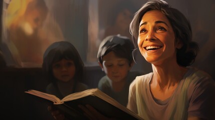Close-up of the mother's smiling face during a reading lesson