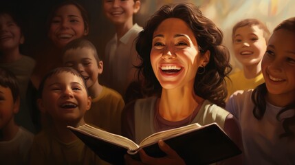 Close-up of the mother's smiling face during a reading lesson