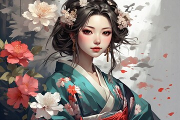 Painting of a Japanese Woman with Flowers in Her Hair