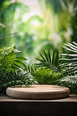 Wooden product display podium for cosmetic product with green nature  background