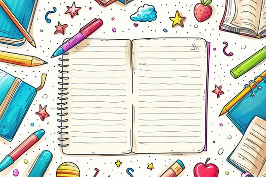Back to School Background. Open Kids Notebook Page, Paper, Diary, Pen, Eraser, with Colorful Pencil Cartoon Art Illustrations Frame Template for Cards, Notes, Stickers, Copy Space