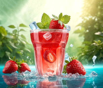 Glass of strawberry juice in nature
