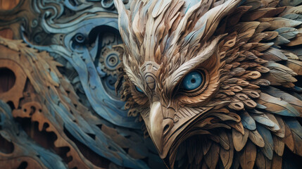 A wooden owl with blue eyes and brown feathers. The owl is surrounded by gears and has a mechanical look to it