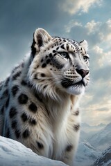 Fototapeta premium Snow Leopard Sitting on Top of Cloudy Sky, Long Wavy Fur.