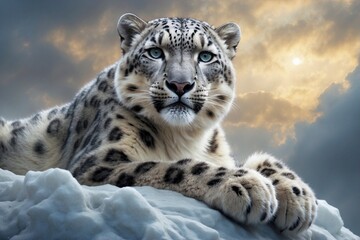 Snow Leopard Sitting on Top of Cloudy Sky, Long Wavy Fur.