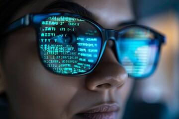 A person with glasses reflecting a sequence of binary code on a programmable device.