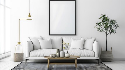 Transform your home into a sanctuary of style with minimalist furniture and mockup poster artwork, framed to perfection for a polished finish  attractive look - obrazy, fototapety, plakaty
