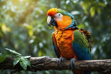 Colorful Parrot on a Tree Branch in the Jungle