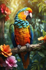 Fototapeta premium Colorful Parrot on a Tree Branch in the Jungle