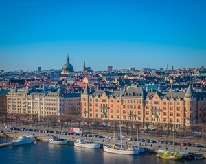 Obraz premium Stockholm old town - Ostermalm, next to Gamla stan. Aerial view of Sweden capital. Drone top panorama photo