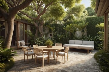 Obraz premium Courtyard with a Tiny House under a Tropical Tree