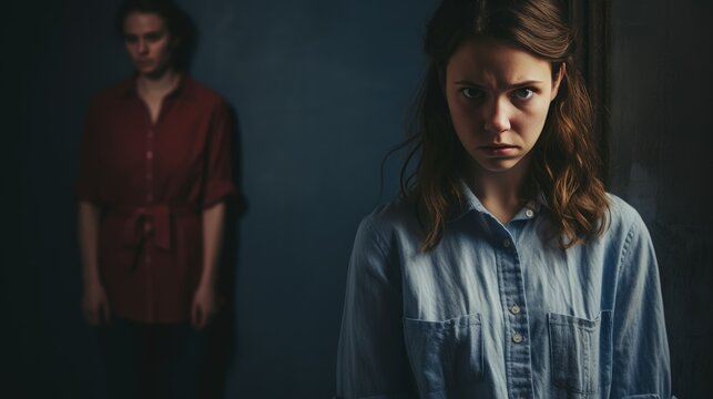 Embarrassment On The Face Of A Young Woman Standing Over An Isolated Background.