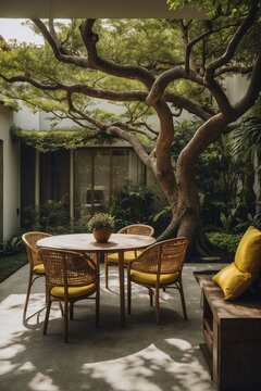 Courtyard with a Tiny House under a Tropical Tree
